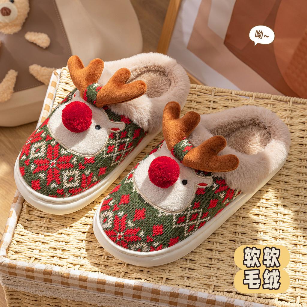 Cute Christmas Elk Cotton Slippers Winter Home Warm Soft Bottom Non-slip Couple Plush Cotton Mop