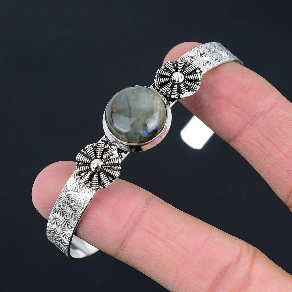 Daughters Day Deal Round Labradorite Stone Wife Art Deco Bangle Sterling Silver