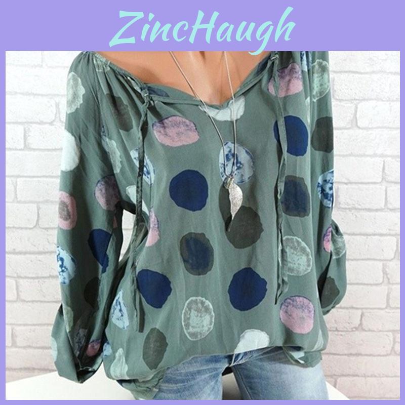 Elegant Women Summer Fashion Long Sleeve Blouse V-neck Stylish Dot Printed Shirts Tops