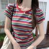 Women's 2024 Summer Color-Blocked Striped Short-Sleeve Round Neck T-Shirt