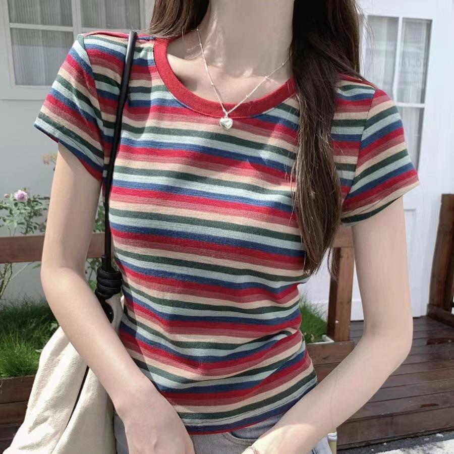 Women's 2024 Summer Color-Blocked Striped Short-Sleeve Round Neck T-Shirt