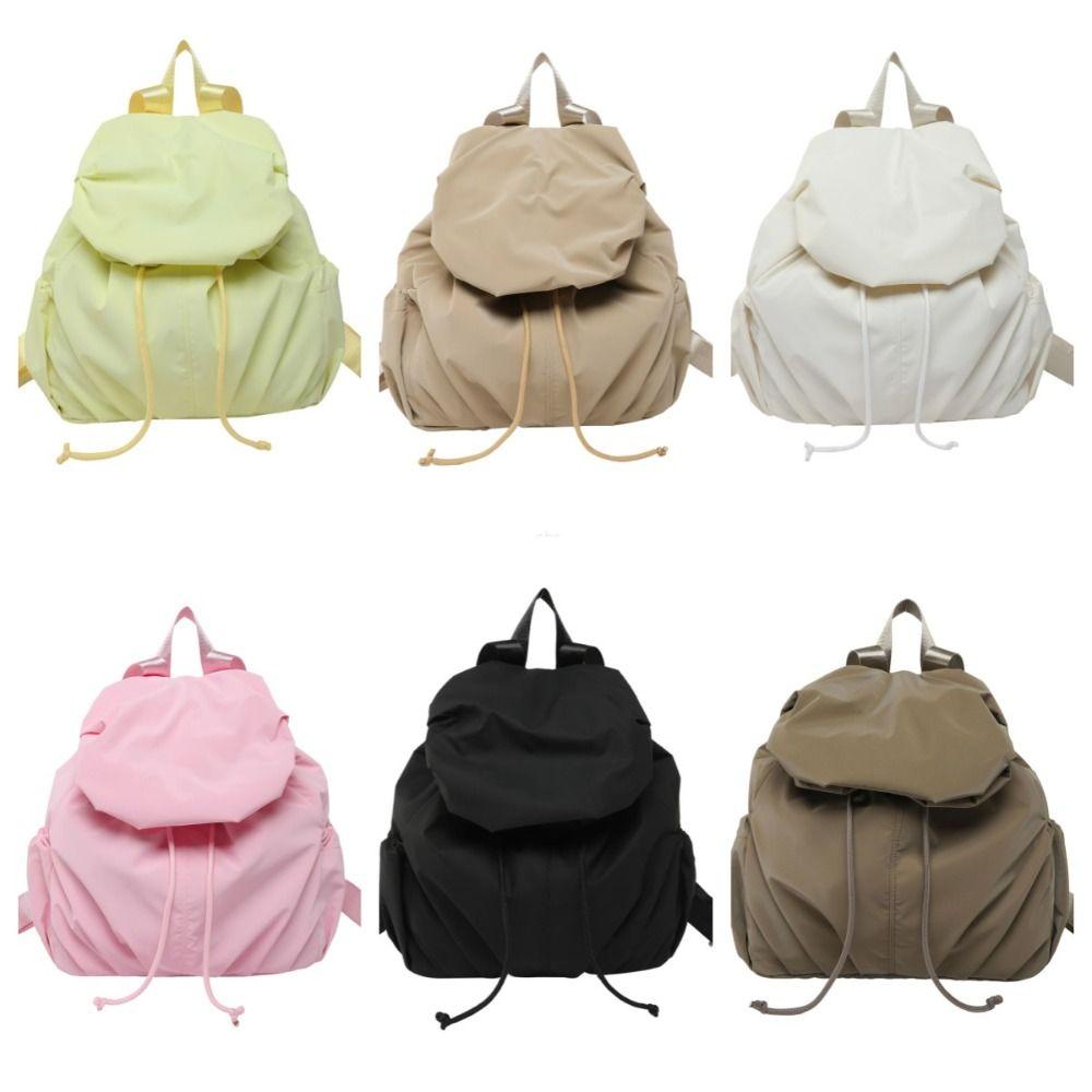 Pleated Nylon Backpack Solid Color Sports Shoulders Bag Casual Drawstring Backpack  College