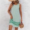 European & American Summer Plaid Print Casual Round Neck Dress for Women