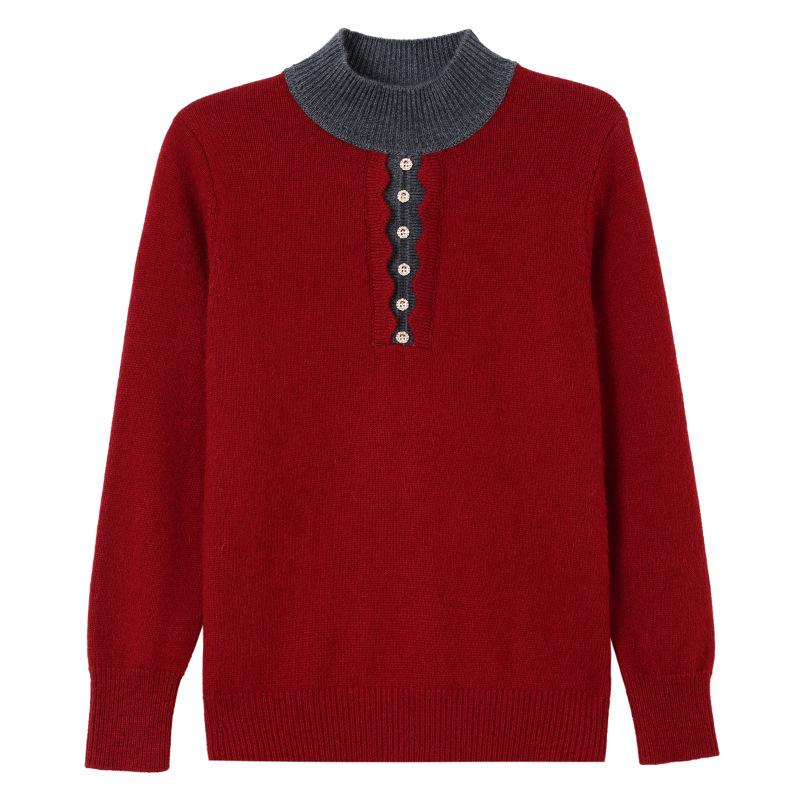 Women's Color Block Plush Wool Sweater with Half-High Collar - Loose, Slimming, Thick Knit Top for Middle-Aged and Elderly Mothers