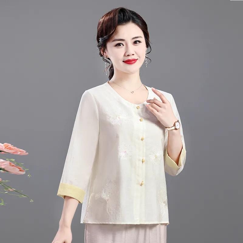 Women's 3/4 Sleeve Embroidered Sequin Button Down Shirt For Middle Aged