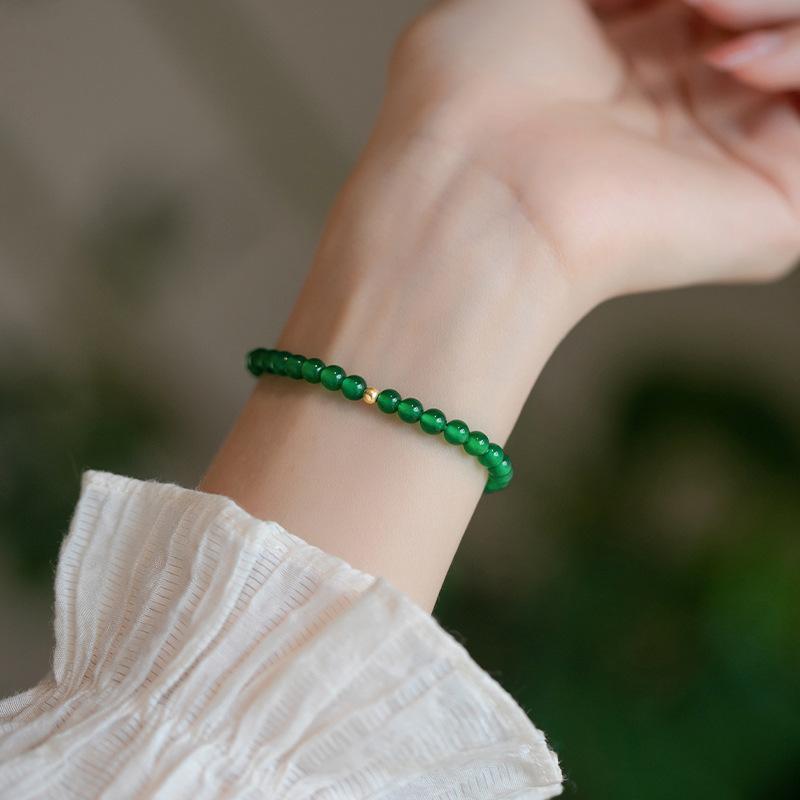 Natural Green Agate Chalcedony Bracelet for Women, Delicate Vintage Simple Crystal Bead Bracelet, Peace Bead, Chinese Style Gift 4mm Green chalcedony