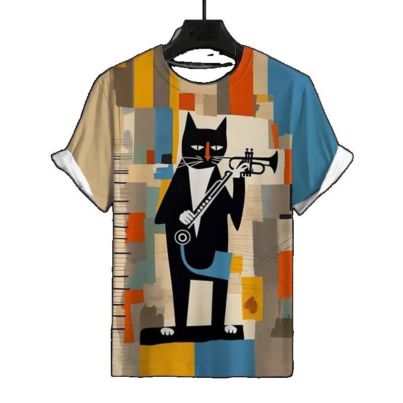 Men s Fun Cat T-shirt 3D Print O-neck Breathable Casual Short Sleeved Shirt 5XL