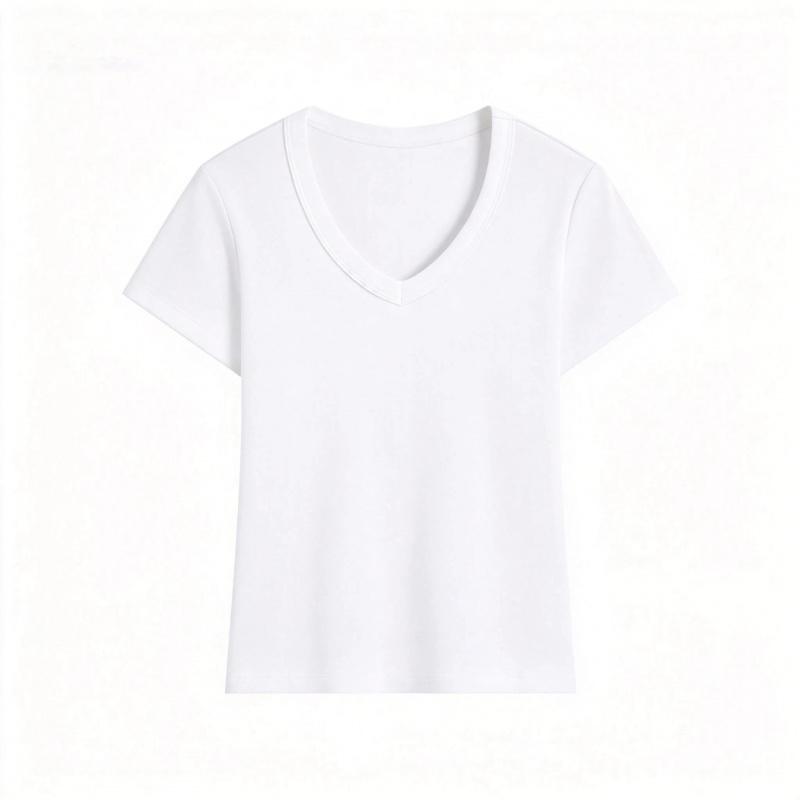 Summer Solid Color V-Neck Slim-Fit T-Shirt for Women, New Slim-Fit Round-Neck Short-Sleeve Top