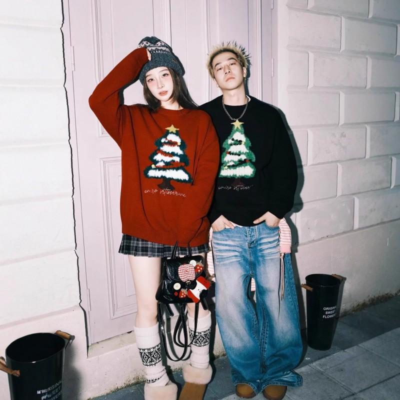 Unisex Oversized Knit Sweater With Christmas Tree Embroidery Loose Fit Casual Winter Pullover Men Women