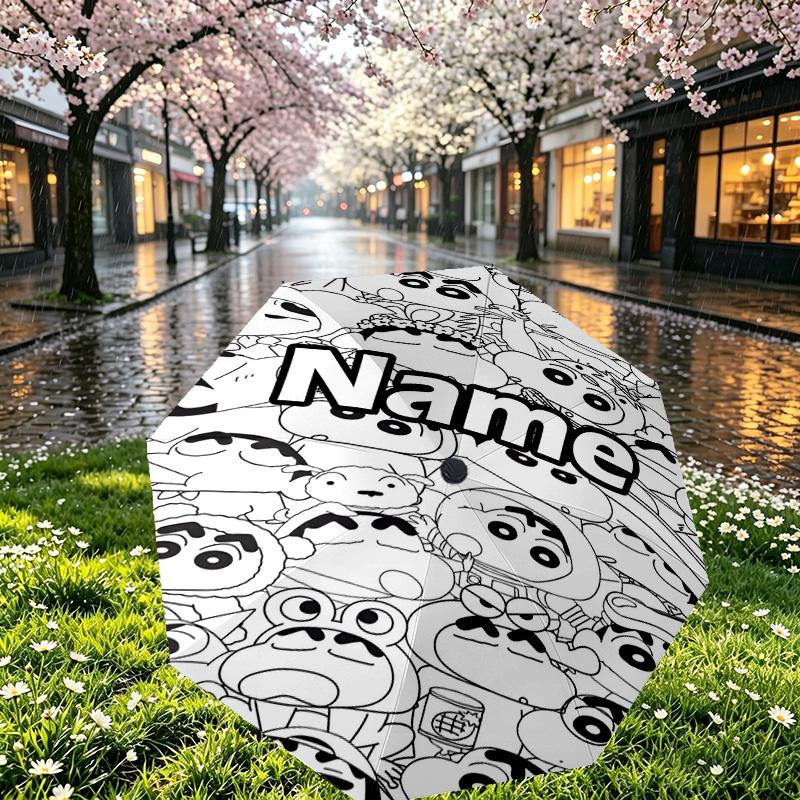 Custom Name Personalized Crayon Shin Print Umbrella, Auto Open Close, 8‑Rib Sturdy Frame, Commute Camping Hiking Use, Birthday Gift