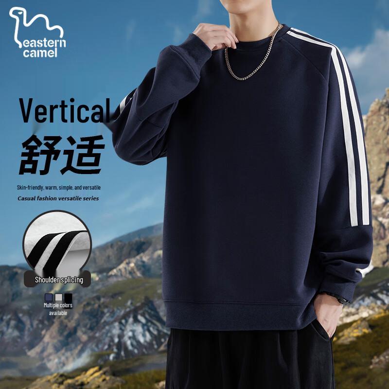 EASTERN CAMEL Men's Loose-fit Crew Neck Pullover Sweatshirt with Side Stripes