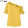 VONDA Summer Women Ruffled Off Shoulder Puff Short Sleeve Solid Color Casual Blouses