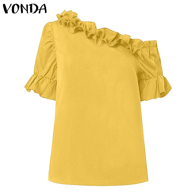 VONDA Summer Women Ruffled Off Shoulder Puff Short Sleeve Solid Color Casual Blouses