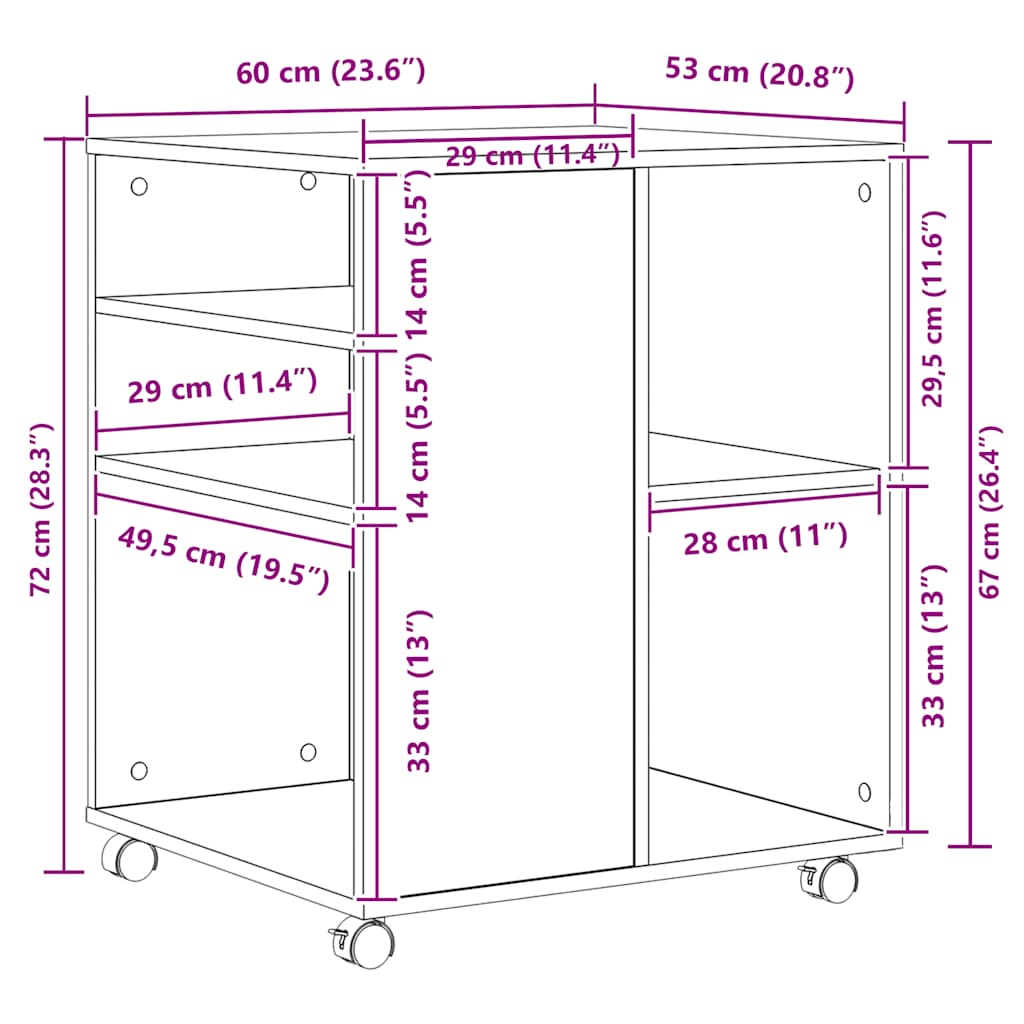 Rolling Cabinet with Vintage Wood Look 60 X 53 X 72 Cm Engineered Wood
