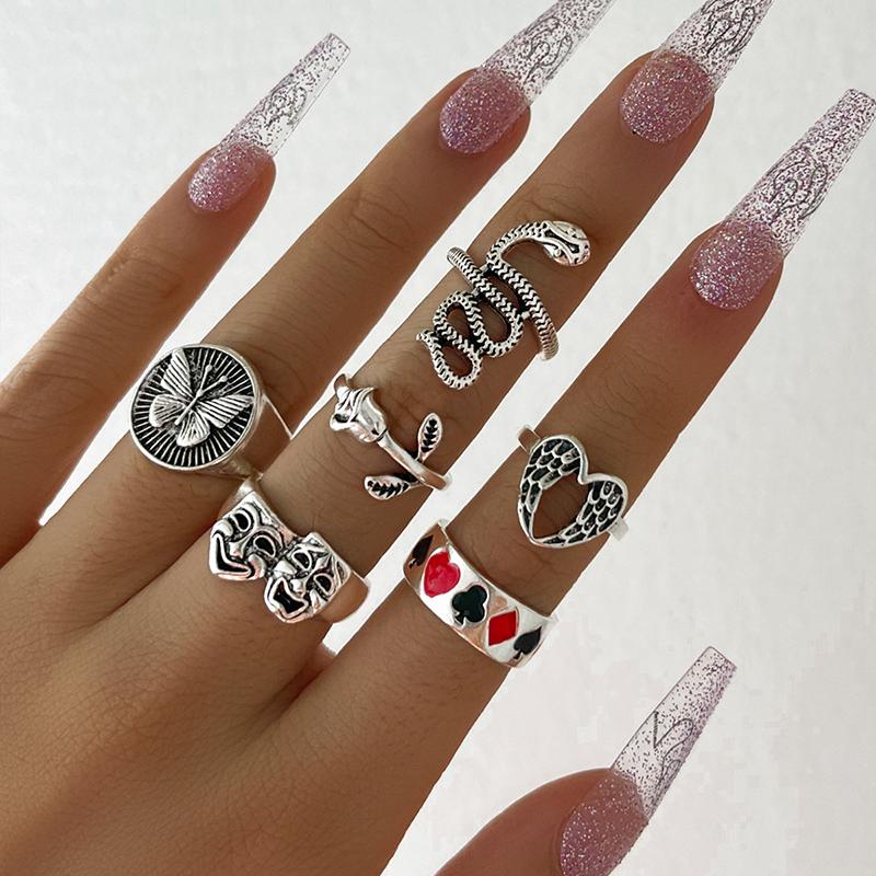 Vintage Punk Metal Multi Element Ring Set For Women Men Antique Silver Color Butterfly Snake Skull Finger Rings Gothic Jewelry