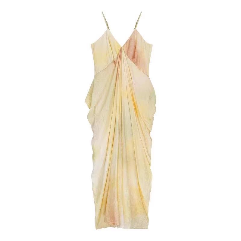 Women s V-Neck Spaghetti Strap Yellow Gradient Beach Dress Small