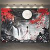 Traditional Inspired Chinese Watercolor Tapestry  Cherry Blossoms Moonlit Woman  Waterfall Wall Hanging  Black White Red Go