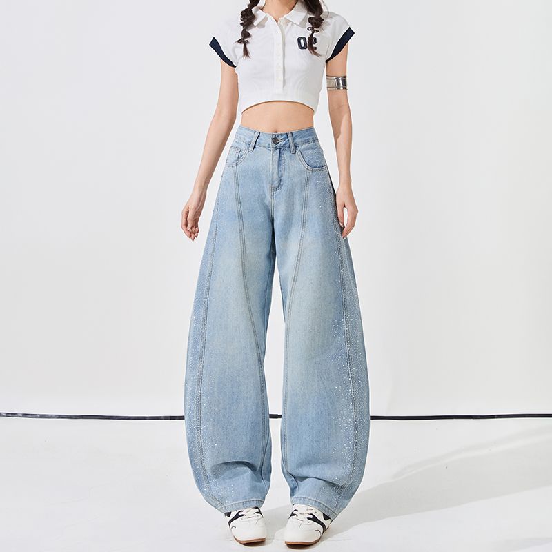 Spring Summer Fashion Full Star Rhinestone High Waist Relaxed Drape Floor Saber Cut Denim Pants For Women Casual Pants Oversize Denim Trousers