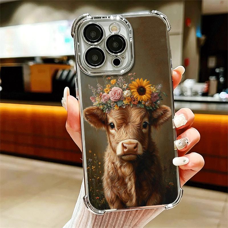 Cute Highland Cow Plating Phone Case For Iphone 16 17 Pro Max Air 16E 14 15 Plus 12 13 Mini Anti-Fall Airabag Cover