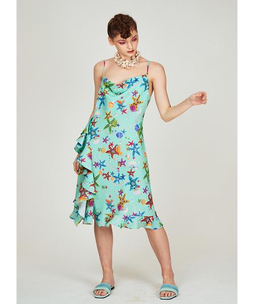 GREEDILOUS Ocean Pearl Print Ruffle Dress