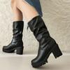 FOREADA Women Mid Calf Boots Round Toe Chunky High Heels Pleated Platform Concise Ladies Fashion Shoes Winter Black Brown 43