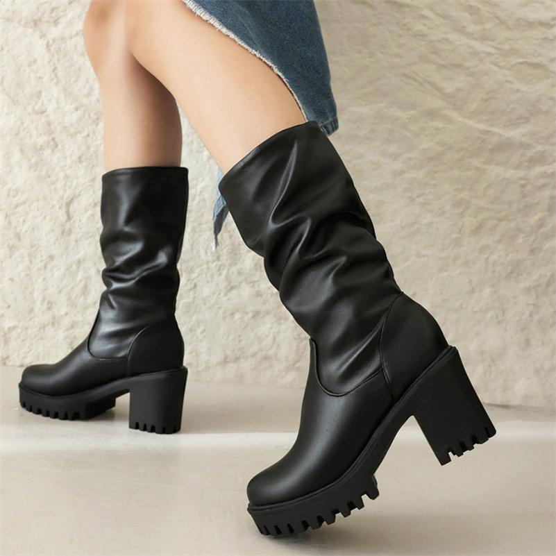 FOREADA Women Mid Calf Boots Round Toe Chunky High Heels Pleated Platform Concise Ladies Fashion Shoes Winter Black Brown 43