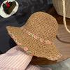 Sun Hat Pastoral Style Hand-Woven Flower Pattern Wide Brim Bucket Hat Vacation Leisure Sun Protection Hat