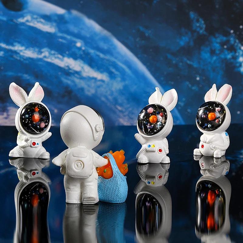 3pcs Planet Astronaut Bunny Rabbit Resin Mini Figures Cute Cartoon Ornament Miniature Craft DIY Accessories Home Desk Decor Gift