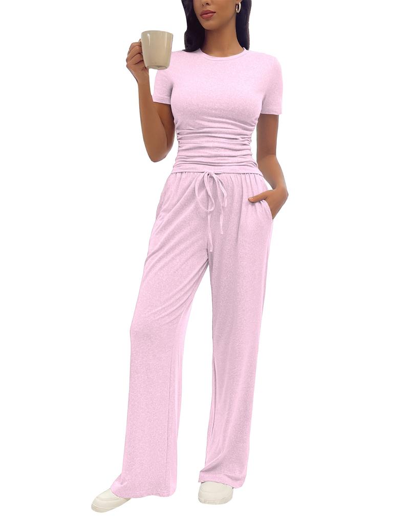 Fashion Casual Set Kardashian Style Ruched Short Sleeve Top Long Pants Set For Women