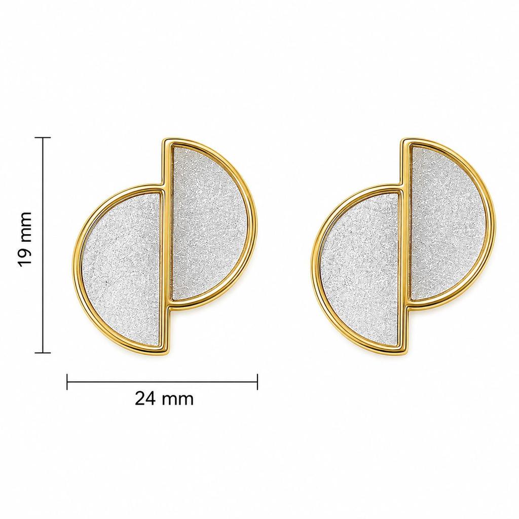 Half-Circle D-Shape Gold-Edged Stainless Steel Stud Earrings with Irregular Design