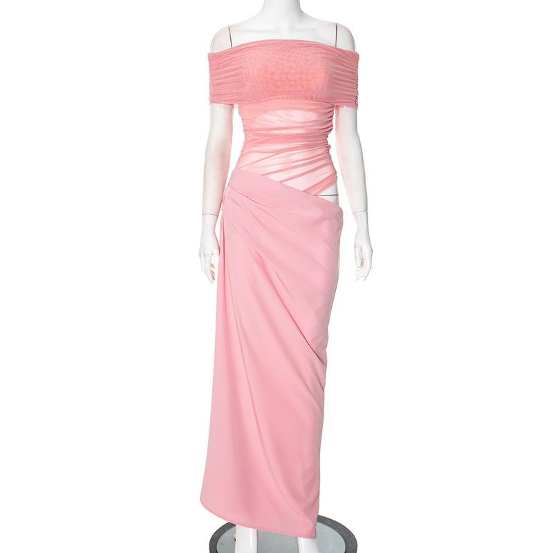 

Асимметричное платье, Сетчатая вставка, Диагональный вырез горловины, Облегающее эластичное платье с короткими рукавами M розовый