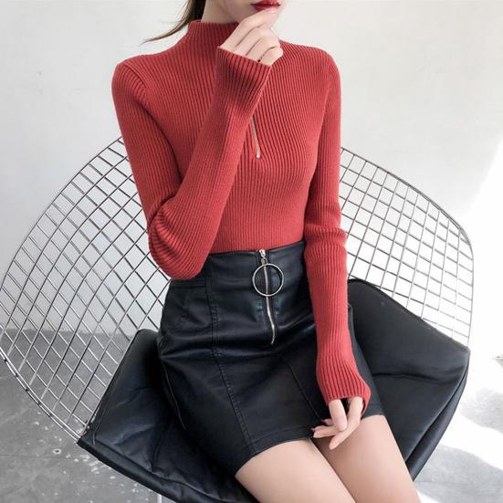 Autumn Winter Women Solid Sweater Half Turtleneck Long Sleeve Zipper Neckline Knitted Pullover Sweater Female Comfortable Warm Slim Knitted