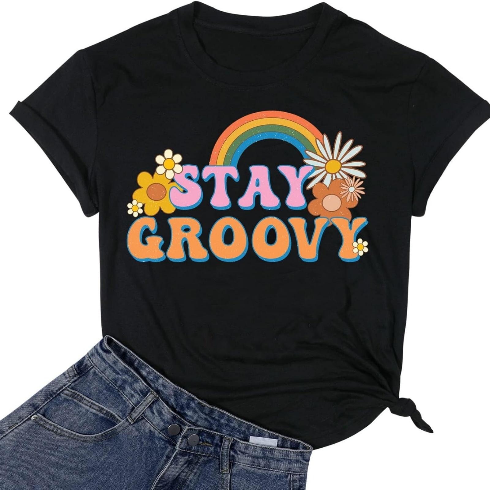 Женская футболка Stay Groovy с радужным цветочным принтом, хиппи 70-х, повседневная футболка с коротким рукавом S