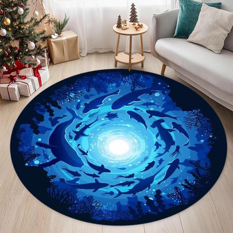 Rundes Blaues Ozean-Haifisch-Silhouetten-Druckbereichsteppich Weiche Rutschfeste Unterwasser-Bodenmatte Nautischer Heimdekor-Teppich für Wohnzimmer