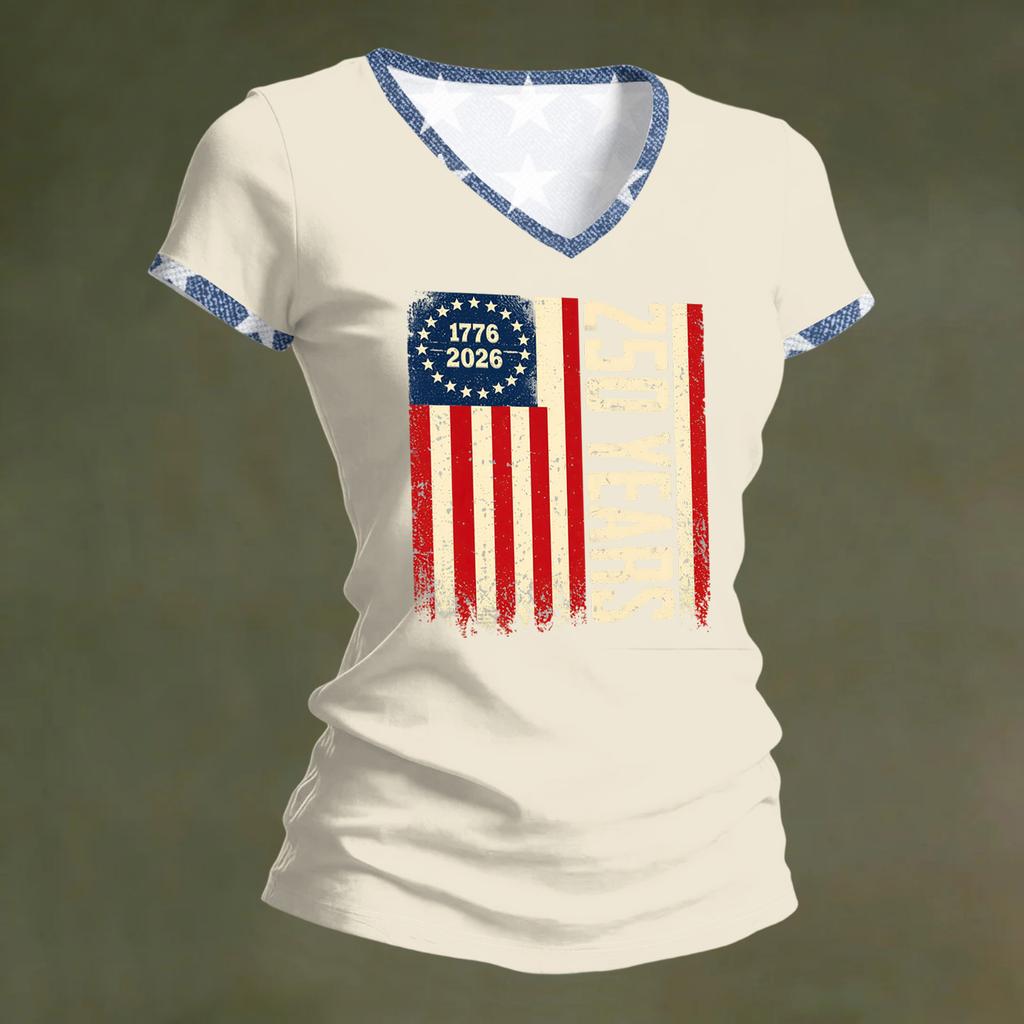 Womens V Neck Short Sleeve T Shirt 250 Years 1776 2026 Graphic Print Casual Loose Fit Top for Everyday Wear