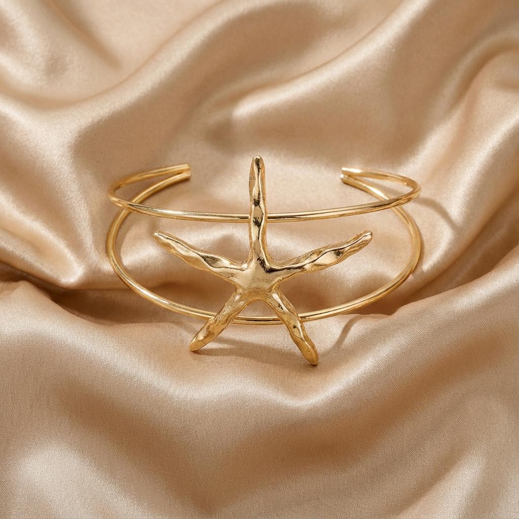 Trendy Gold Color Starfish Shell Arm Cuff Bangle for Women Adjustable Open Upper Arm Bracelet for Summer Beach Vacation Jewelry