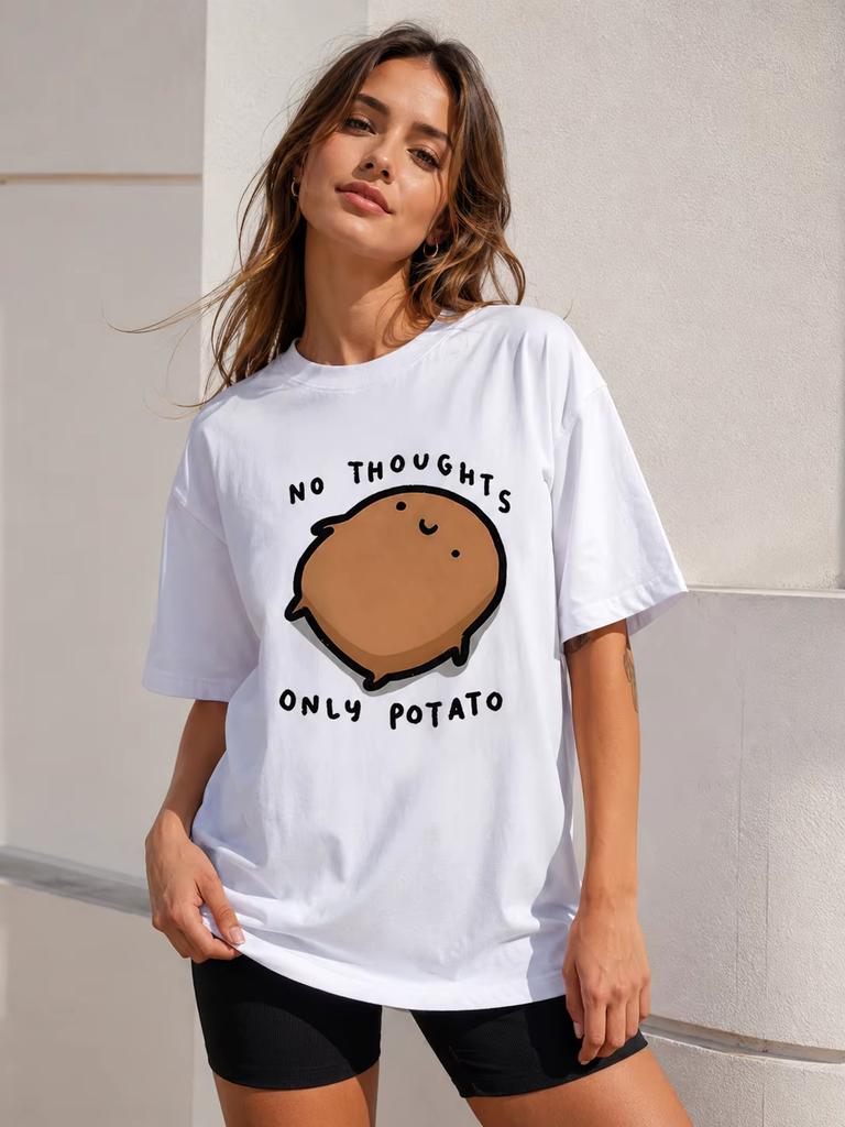 Cute Potato Pattern No Thoughts Only Potato Cartoon Printed Tshirt For Unisex Round Neck Top Short Sleeved Summer Casual Tshirt