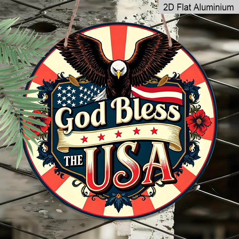 2D Flat, God Bless America Patriotic Metal Sign, Round Aluminum Wall Decor with American Flag Floral Design, Perfect for Independence Day, Veterans