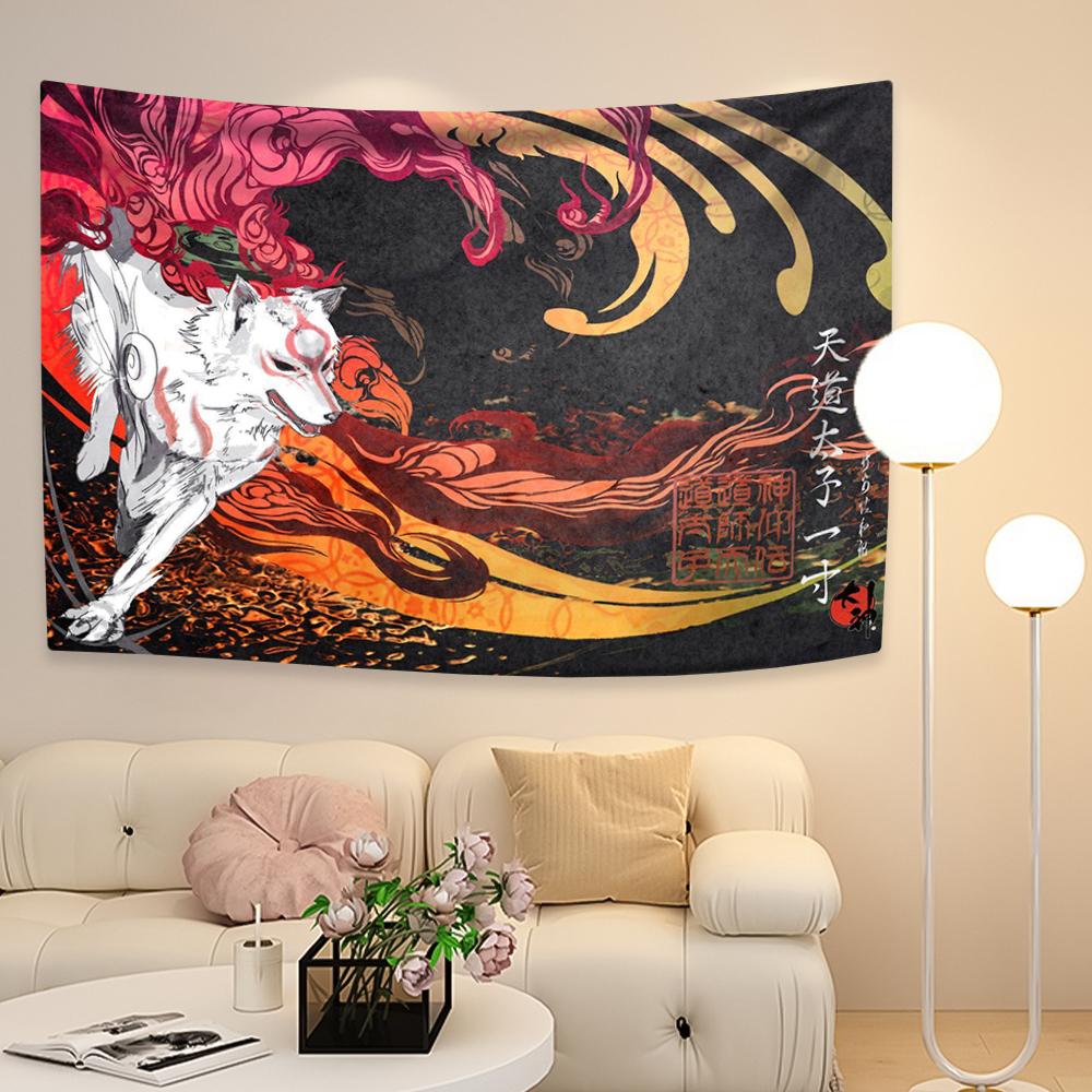 Okami Game Tapestry The Fire Wolf And Sun Art Flag Digital Prints Wall Hanging Covering For Bedroom Dorm Home And Garden Decor