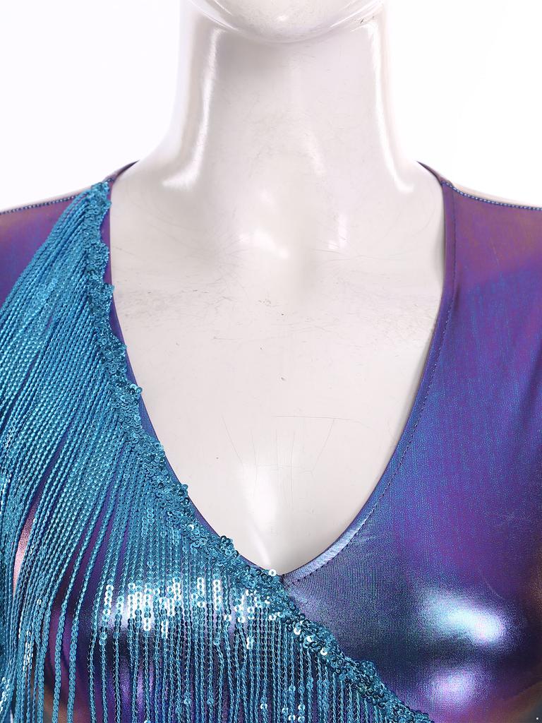 Womens Metallic Shiny Club Bodysuit Tiered Sequin Tassel Mesh Long Sleeve Dance Jumpsuit