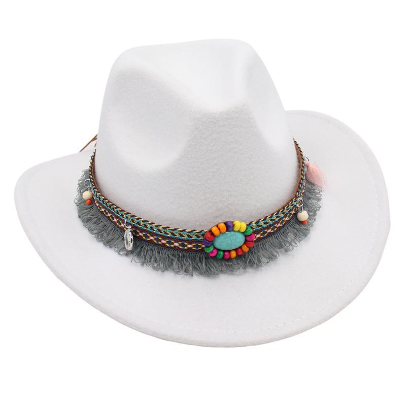 Ethnic Bowler Hat Tassel Western Cowboy Hat Jazz Hat Turquoise Felt Hat Outdoor Literary Sun Hat