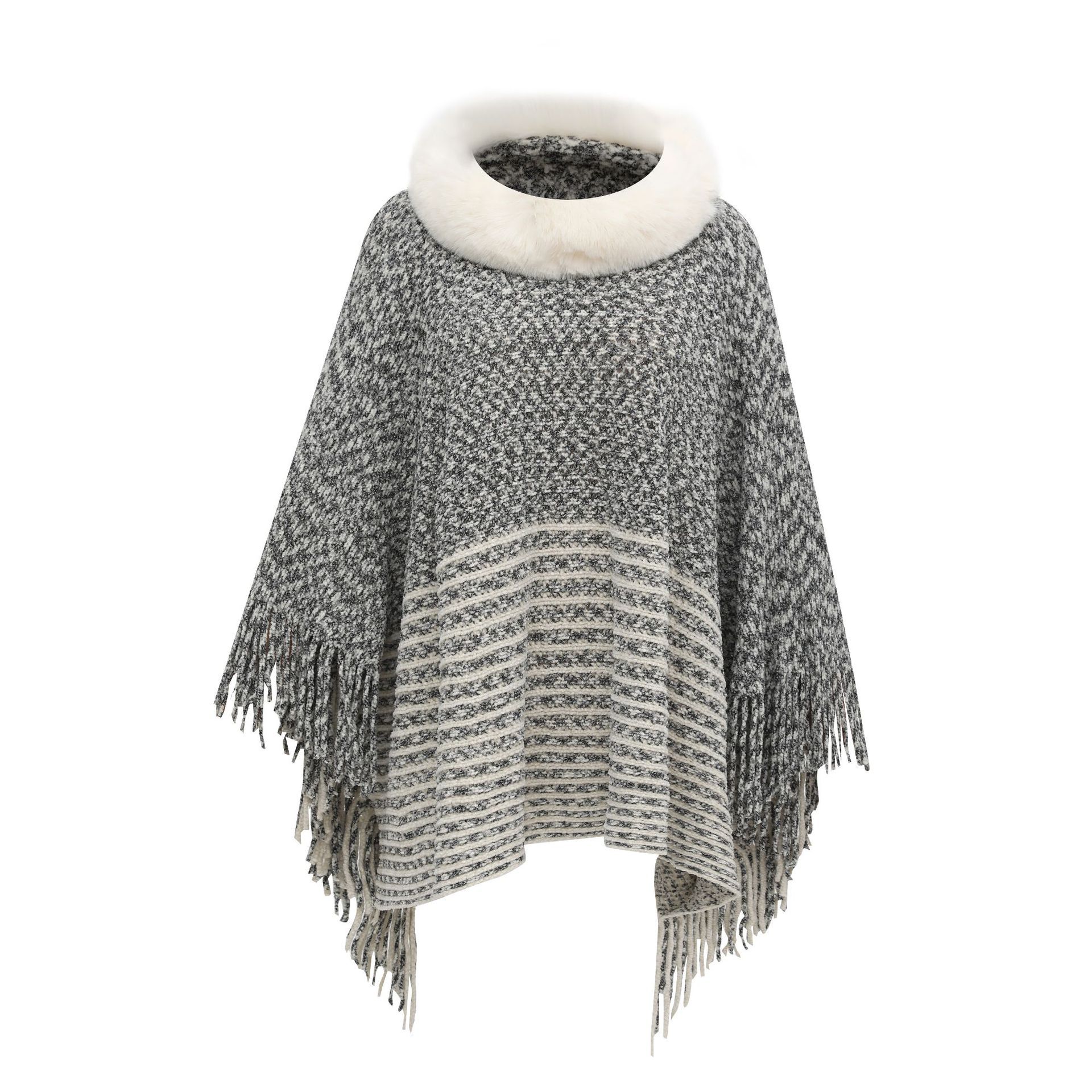 

Жіноча накидка-шаль з коміром з хутра кролика рекс, хутряний комір, шаль-шеніль з рукавами «летюча миша» та китицями 50CM чорний