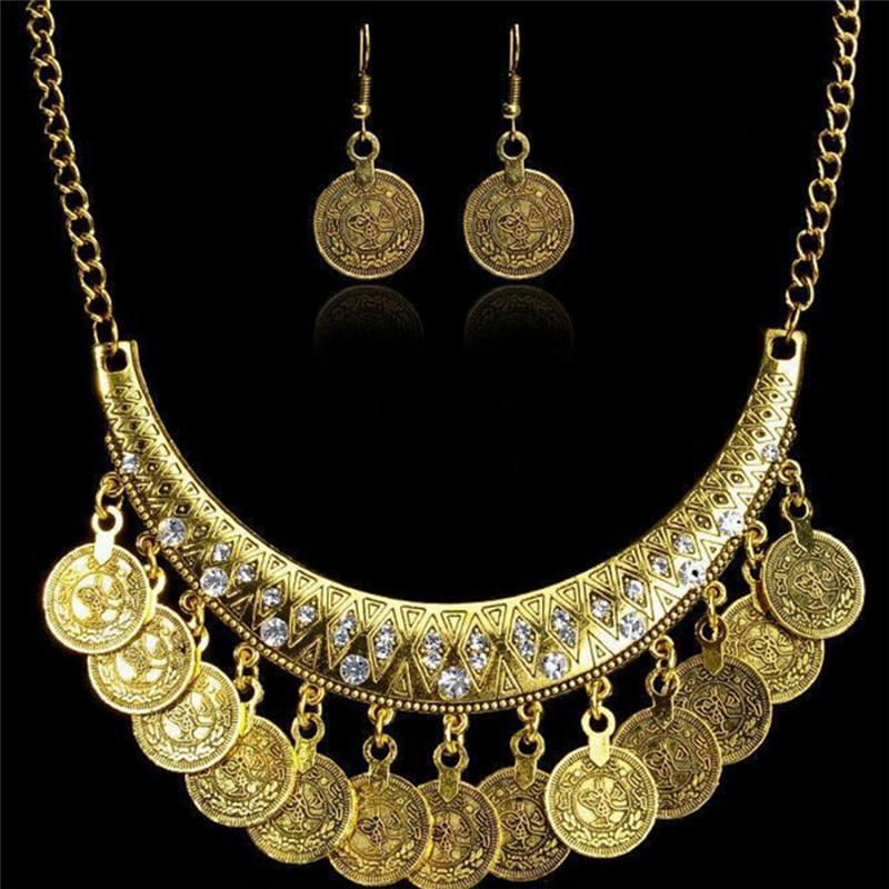 1Set Lady Metal Tassels Coins Pendant Chain Bib Necklace Earrings Jewelry Chic