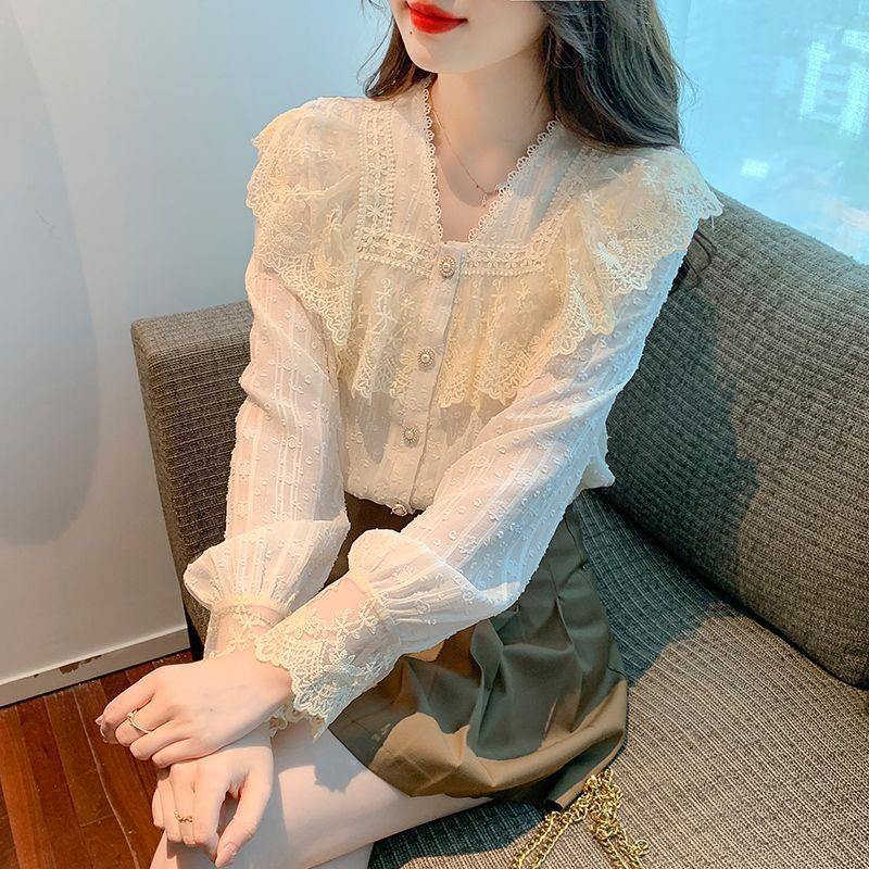 Ladies Design Retro Temperament Lace Blouse Autumn Sweet Ageing Delicate Tops