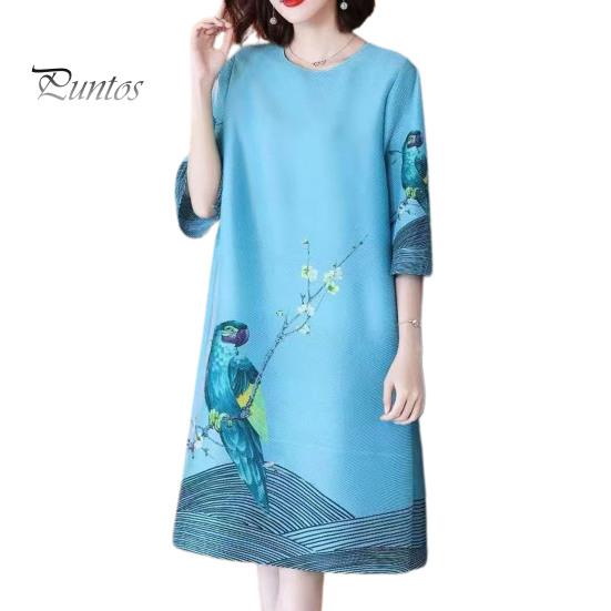 Retro Print Dress Women Summer Three Quarter Sleeves Loose Parrot Ice Printed Silk Knee Length Pullover Party Commute Office Midi O Neck