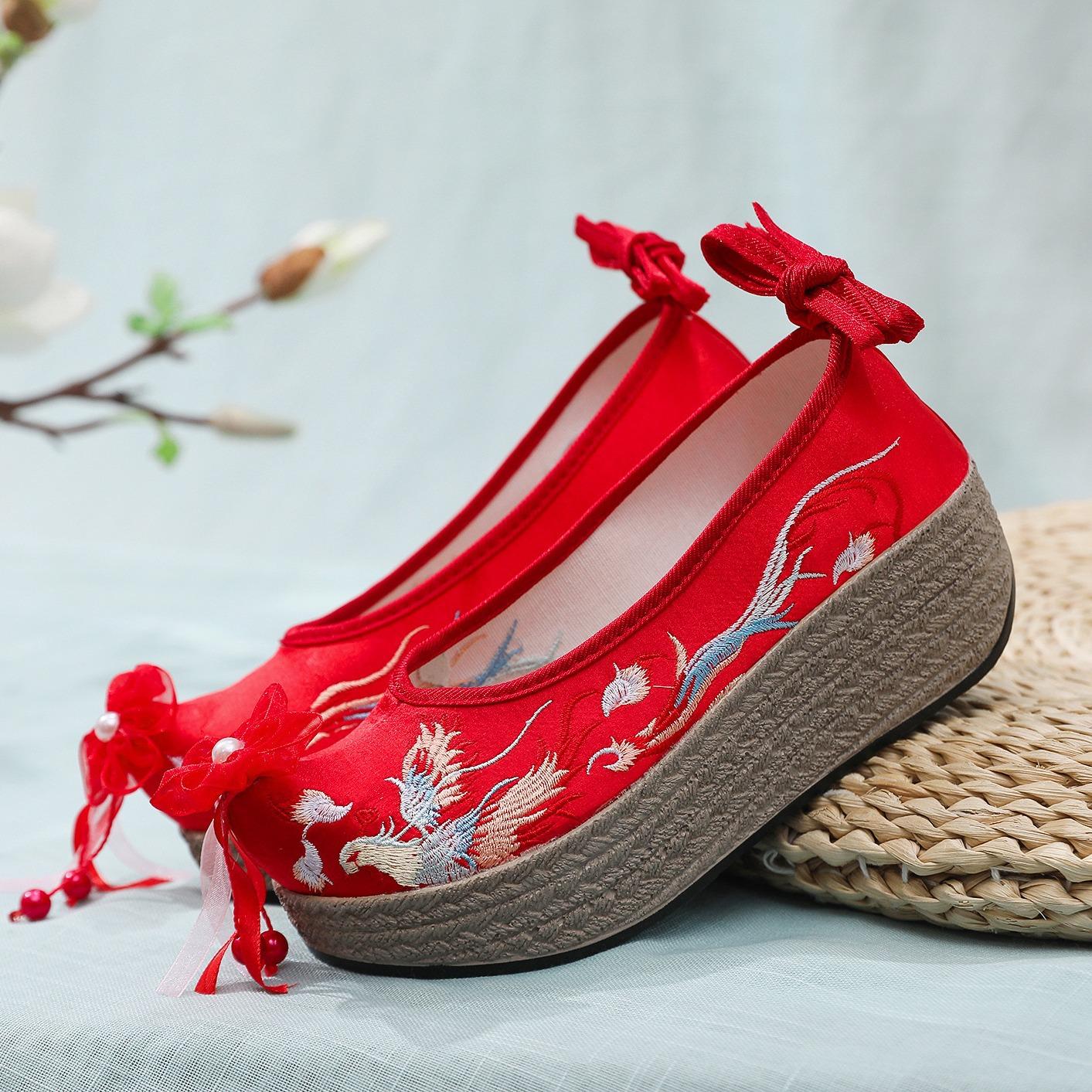 

Весенне-осенние новые китайские древние туфли ханьфу, водонепроницаемая обувь на наклонном каблуке и платформе, с высокой вышивкой 38 красный