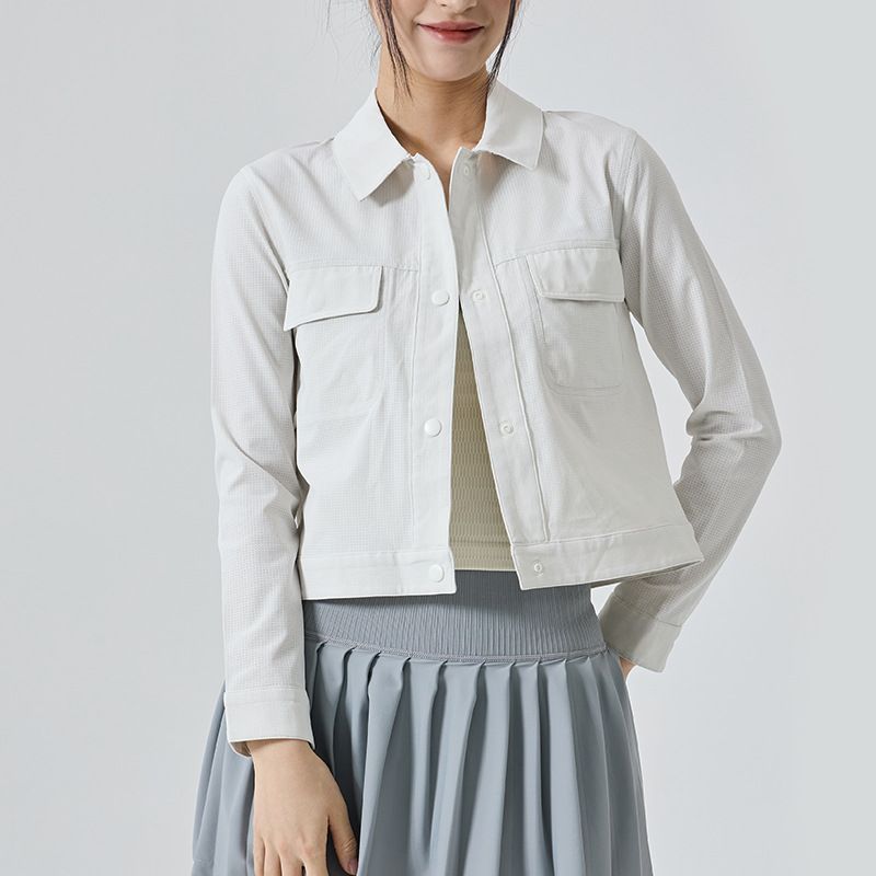 

Lulu Same Style Buckle Long Sleeves Jacket Casual Fashion Loose Lapels Sports Outwear Profile Work Clothing Short Work Clothes Cold Shadow White(Quality Edition) L