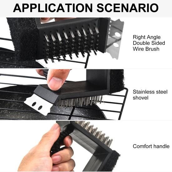 Cleaning Brush 3-in-1 Grill Scrubbing Brush with Scraper Ergonomic Design Cleaning Sponge Barbecue Net Washing Wire Brush BBQ Tool
