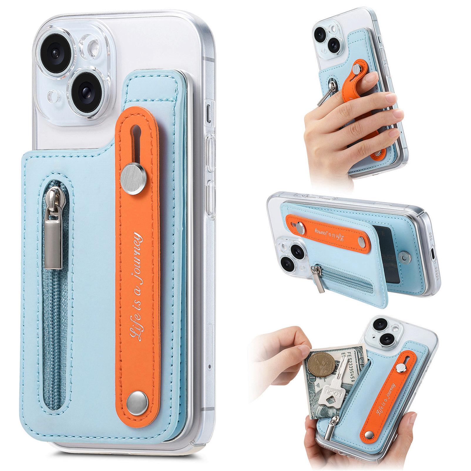 

KB-62 RFID Blocking Phone Wallet Wristband Kickstand Zipper Leather Phone Card Bag Sky Blue