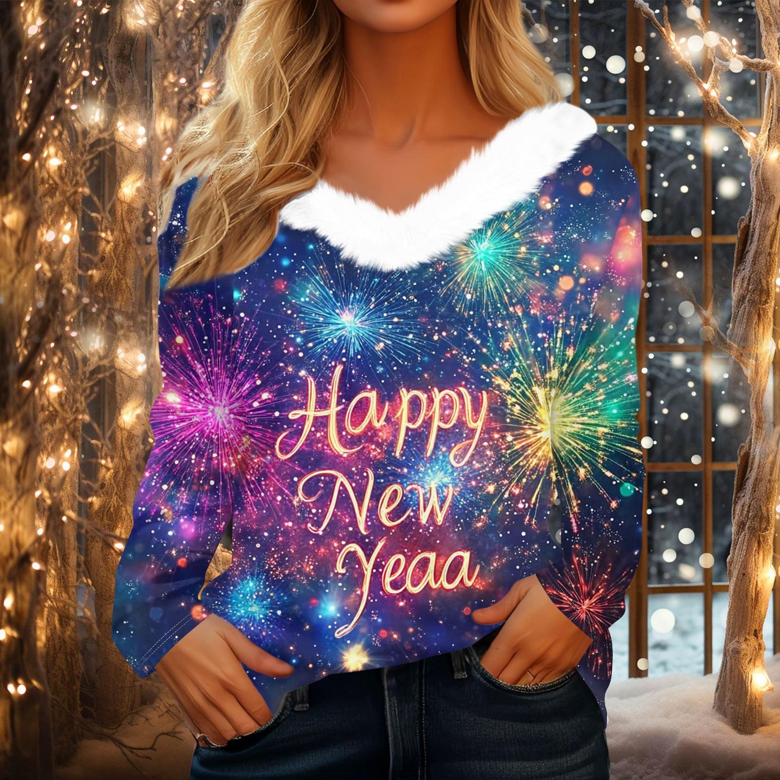 

Женская рождественская рубашка с длинным рукавом и принтом V-образным вырезом, повседневная свободная футболка, топы S